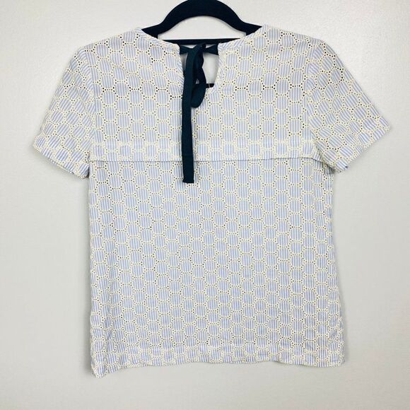 J. Crew Size 2 Blue & White Striped Seersucker Eyelet Tie Back Blouse Top - Picture 9 of 10